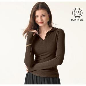 OGL Slim Fit Hoodie L Built-in Bra Brown Zip Pullover Stretch Top Quiet Luxury